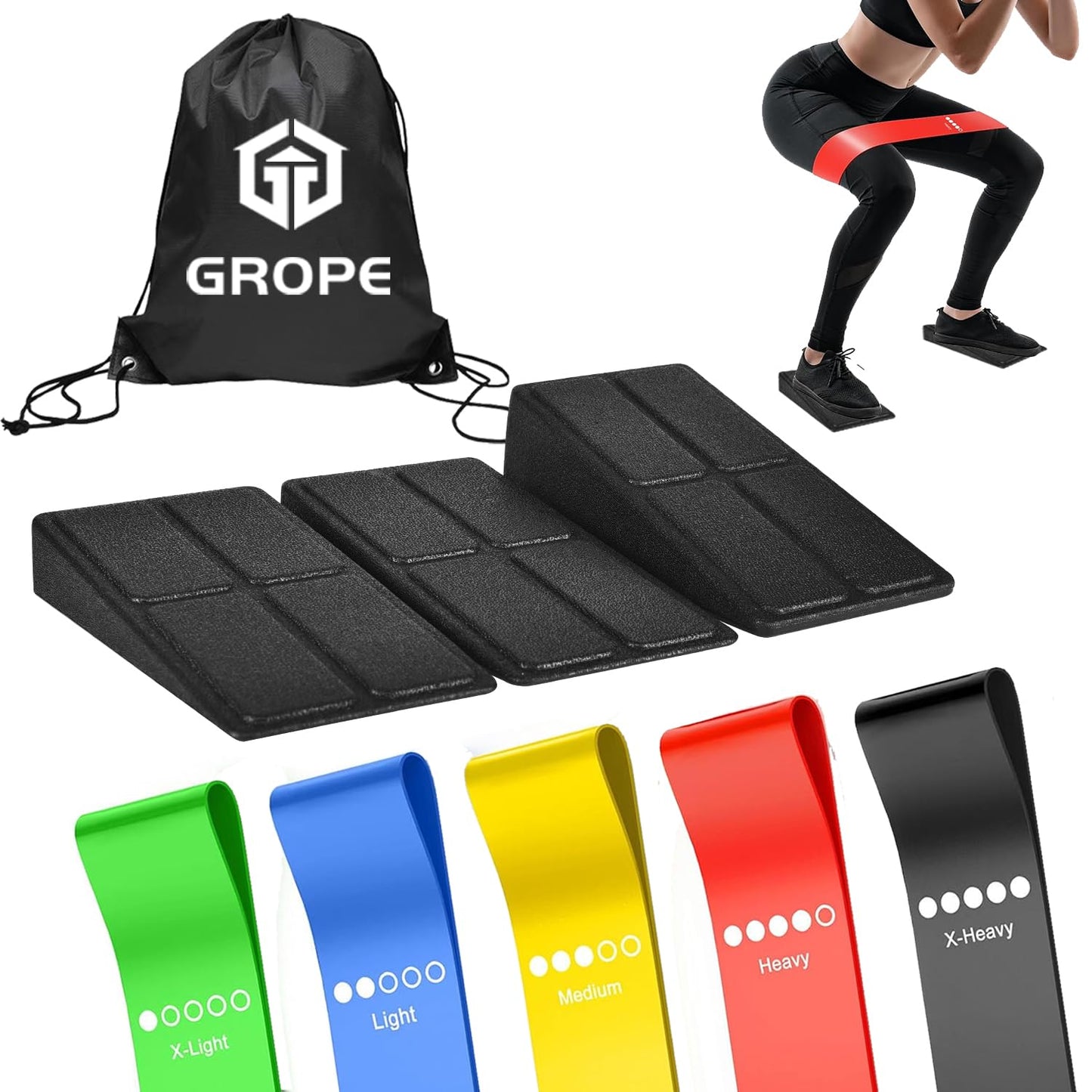 Squat Wedge for Calf Stretching With 5 Elastic Band，3 Pcs 12" x 6.3" Foot Stretcher Balance Board for Plantar Fasciitis, Adjustable Foam Slant Board Wedge (Black With 5 Elastic Band)