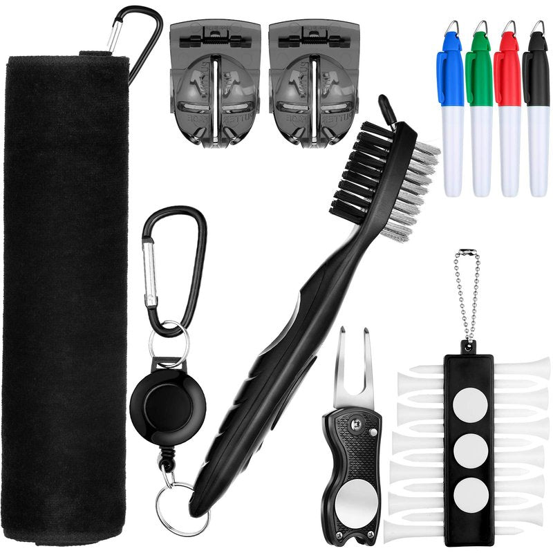 Sumind 22 Pcs Golf Essentials Accessories Kit Include Golf Club Cleaning Brush Towel Marking Pen Line Divot Repair Tool Ball Marker Tee Holder for Men Women Ideal Gift(Black)