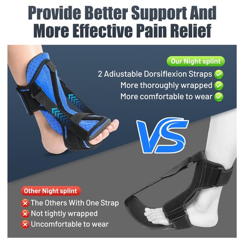 Runkelai Plantar Fasciitis Night Splint with Massage Ball, Adjustable Brace Dorsal Night Splint for Achilles Tendonitis Foot Drop Relief Arch Pain, Comfortable with 4 Straps for Secure Fit Black-Blue