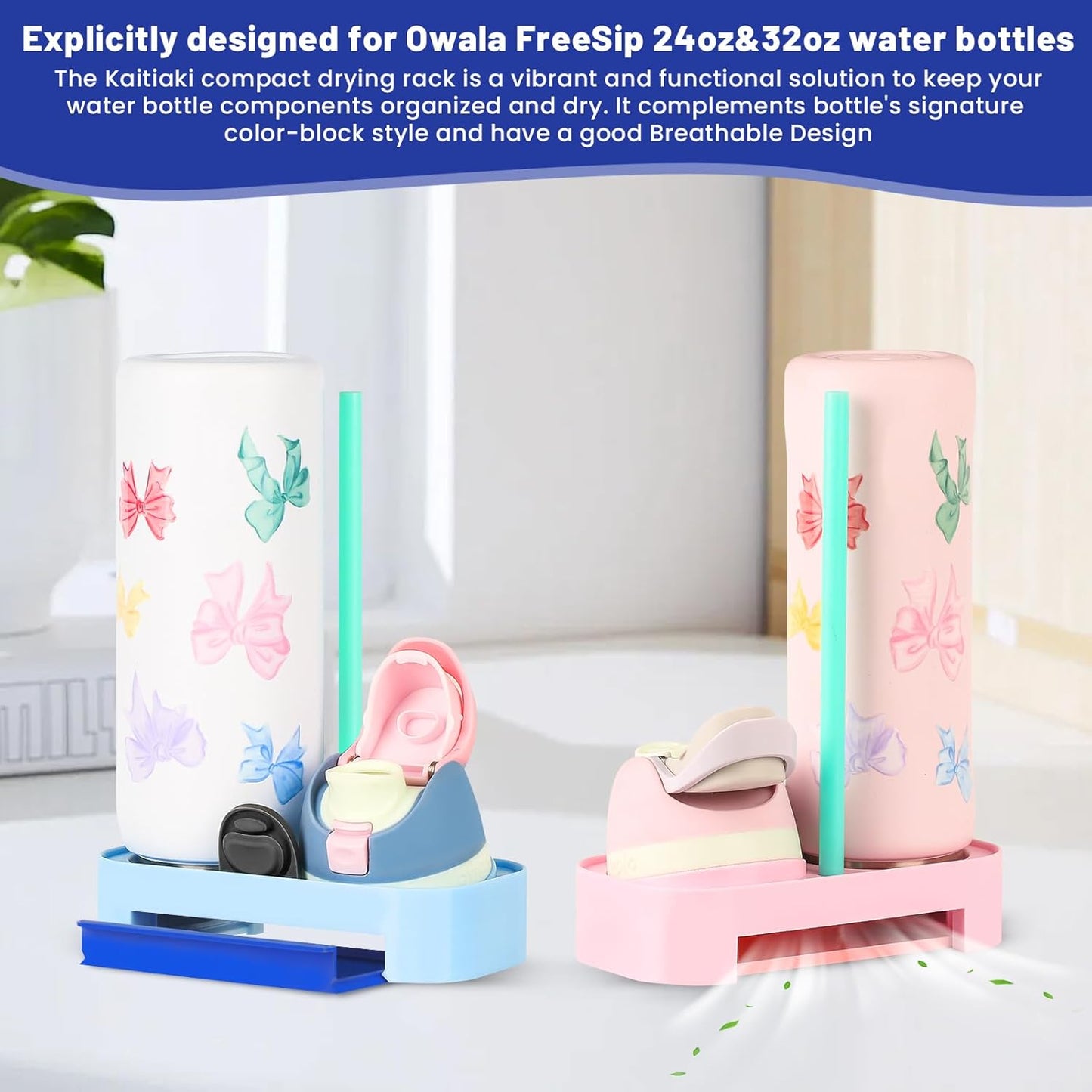 Owala Bottle Drying Rack - Portable Space-Saving Stand with Drain Tray & 4 Cleaning Brushes | Blue