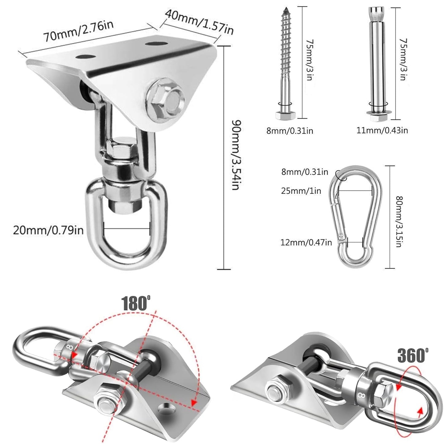 Swing Hanger | Heavy-Duty Stainless Steel 360° Rotating Hammock Kit - 2000LB Capacity, 2 Packs