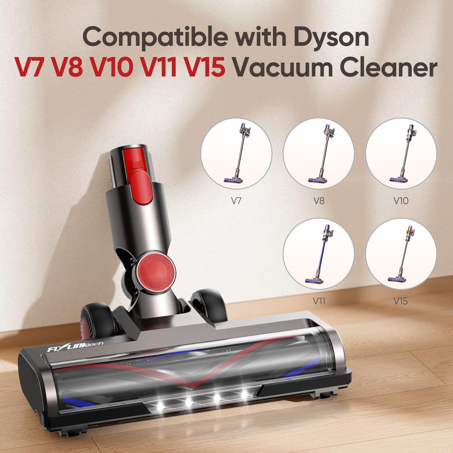 FLYLINKTECH Motorhead Vacuum Attachment for V7 V8 V10 V11 V15 SV10 SV11 SV12 SV14 Cleaners with LED Headlights,V Shape Turbo Bristle Roller Brush Head Replacement Parts for Hardwood Floor Carpets