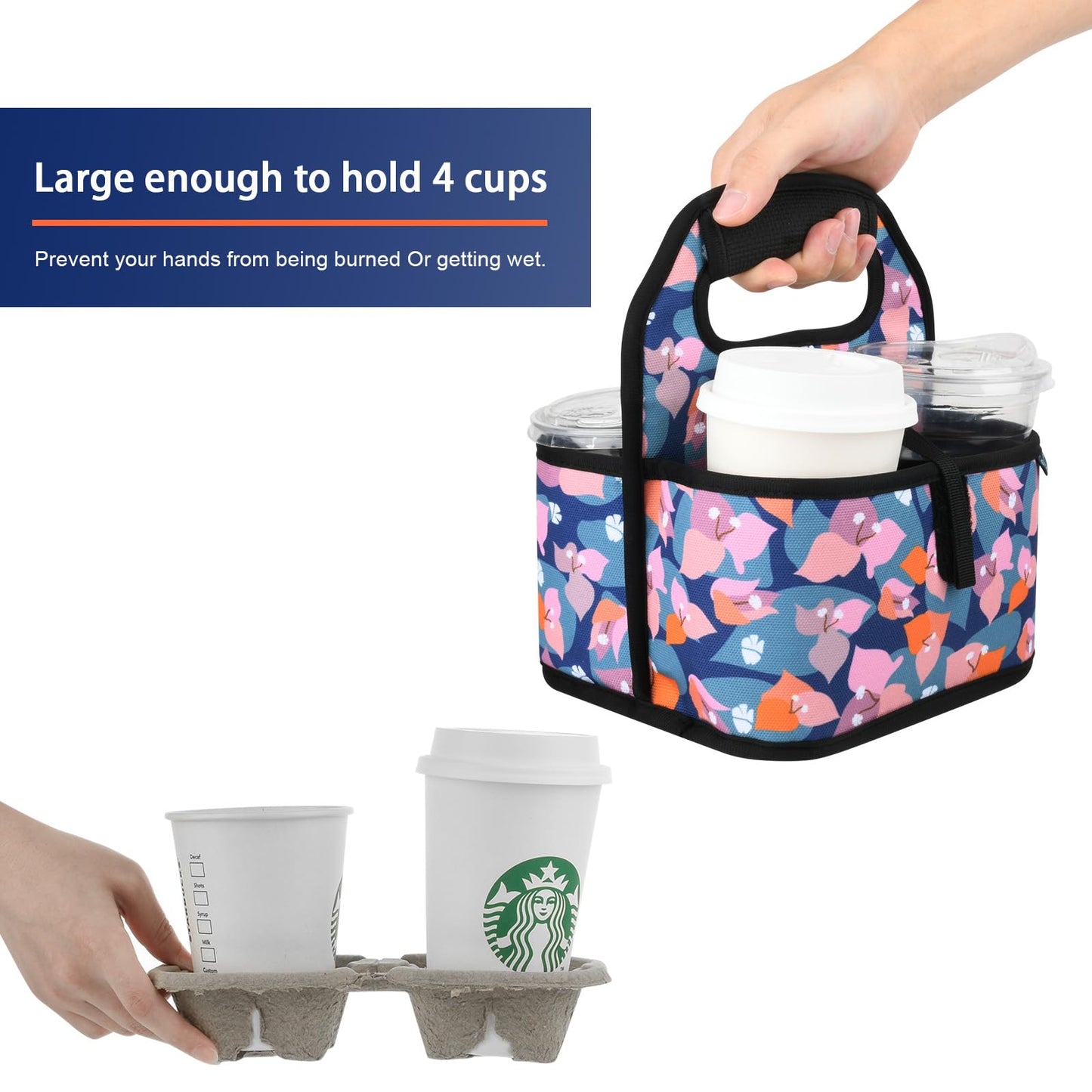 Beautyflier Reusable Insulated Coffee Cup Carrier, Portable Drink Holder with Handle Organizer Tote Bag for Hot & Cold Drinks (Bougainvillea)