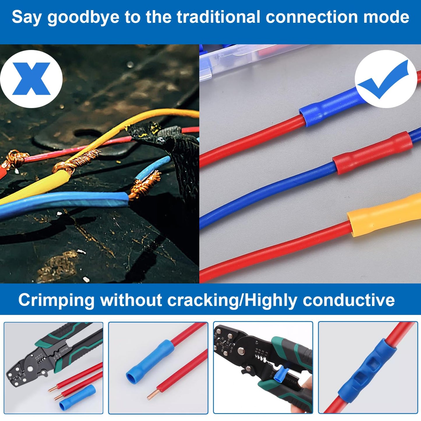 smseace 210PCS Wire Butt connectors with Wire stripper crimping tool22-10AWG Butt Splice Connectors Insulated Electrical Butt connectors Straight Wire Terminal Connectors