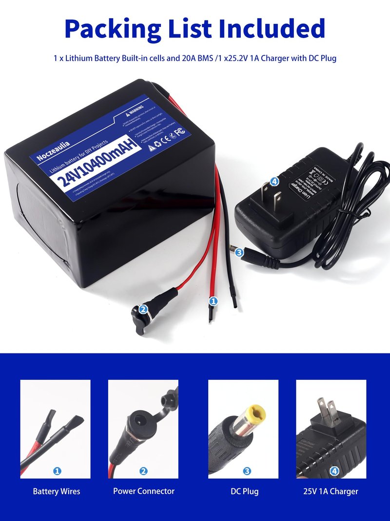 Noczeaulia 24V 10.4Ah Lithium Battery with 25.2V 1A Charger, 24V Rechargeable Battery for LED Strips and DIY Projects Black