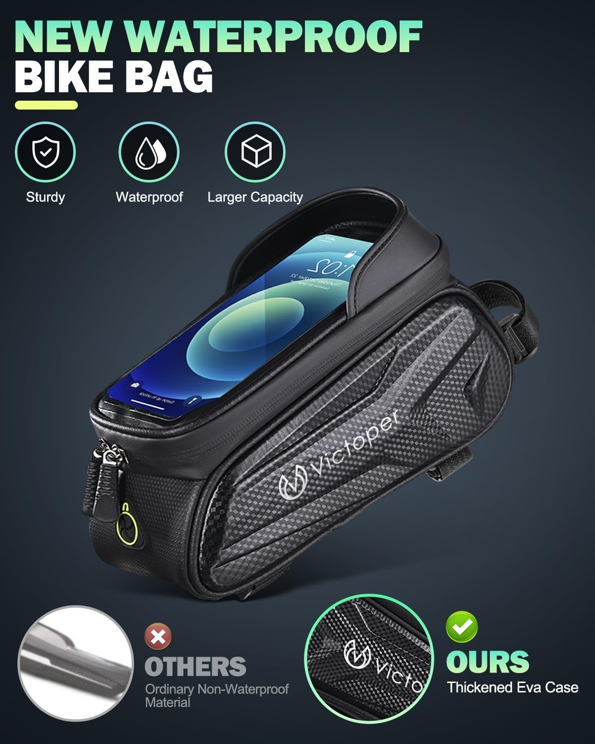 Victoper Bike Phone Front Frame Bag, Waterproof Bicycle Tube Bag, 2L PPU Cycling Pouch Bike Bag, Bike Accessories Bag for Men Women Adults Compatible Phone Under 7”