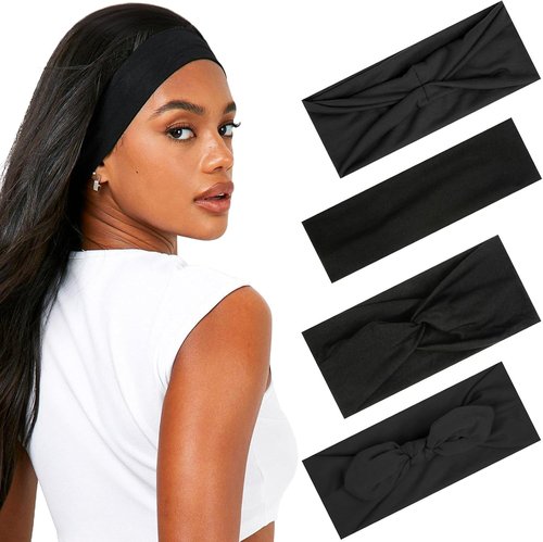 Huachi Women's Black Headbands - Non-Slip Elastic Hair Accessories for Yoga & Gym | Pack of 4 Styles
