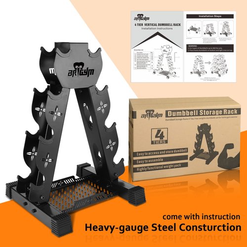 BRTGYM Dumbbells Rack Weight Stand (Rack Only), 13GA Steel Constructed, Max Support 470lbs, 4- Tier Compact Design 16.3"L x 15.6"W x 24.5"H
