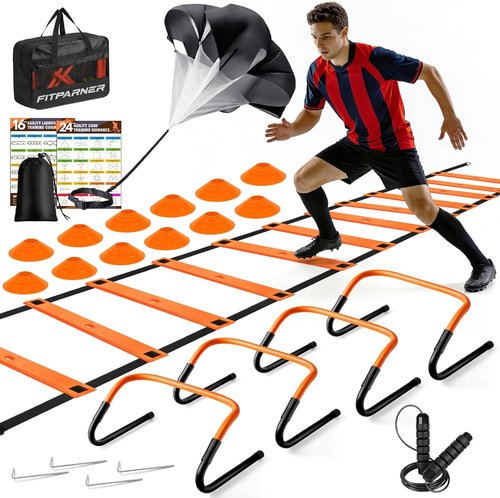 Agility Ladder Training Set - 20ft Speed Ladder with 4 Hurdles, Parachute, 12 Cones & Jump Rope | Enhance Agility & Speed for Kids and Adults