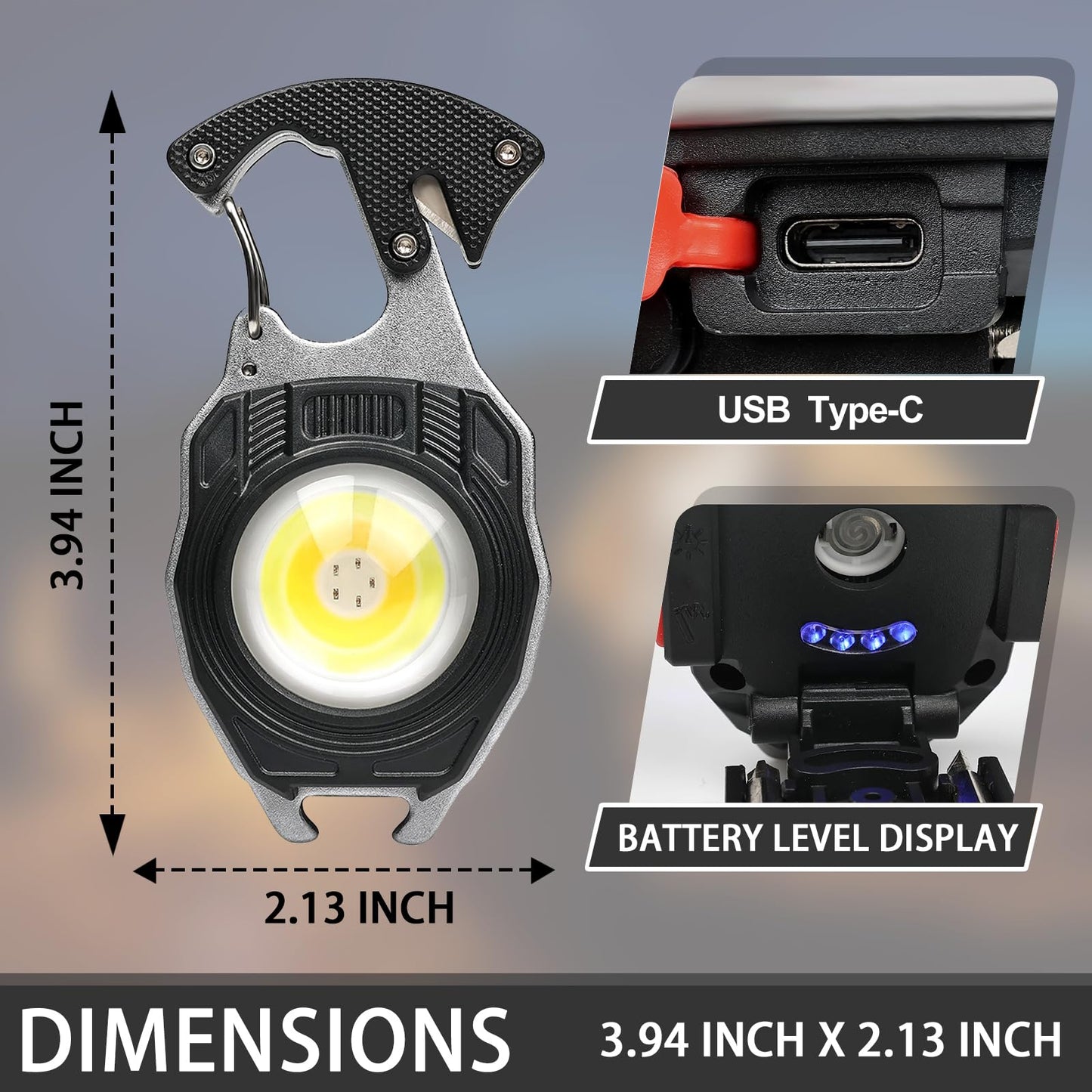 CHICES COB Keychain Work Light Flashlight - Rechargeable Multitool Camping Fire Starter 7modes 1600 Lumens for Emergency Survival Hiking Gear,Walking Dogs EDC for Men,Outdoor Enthusiasts(2Pack)