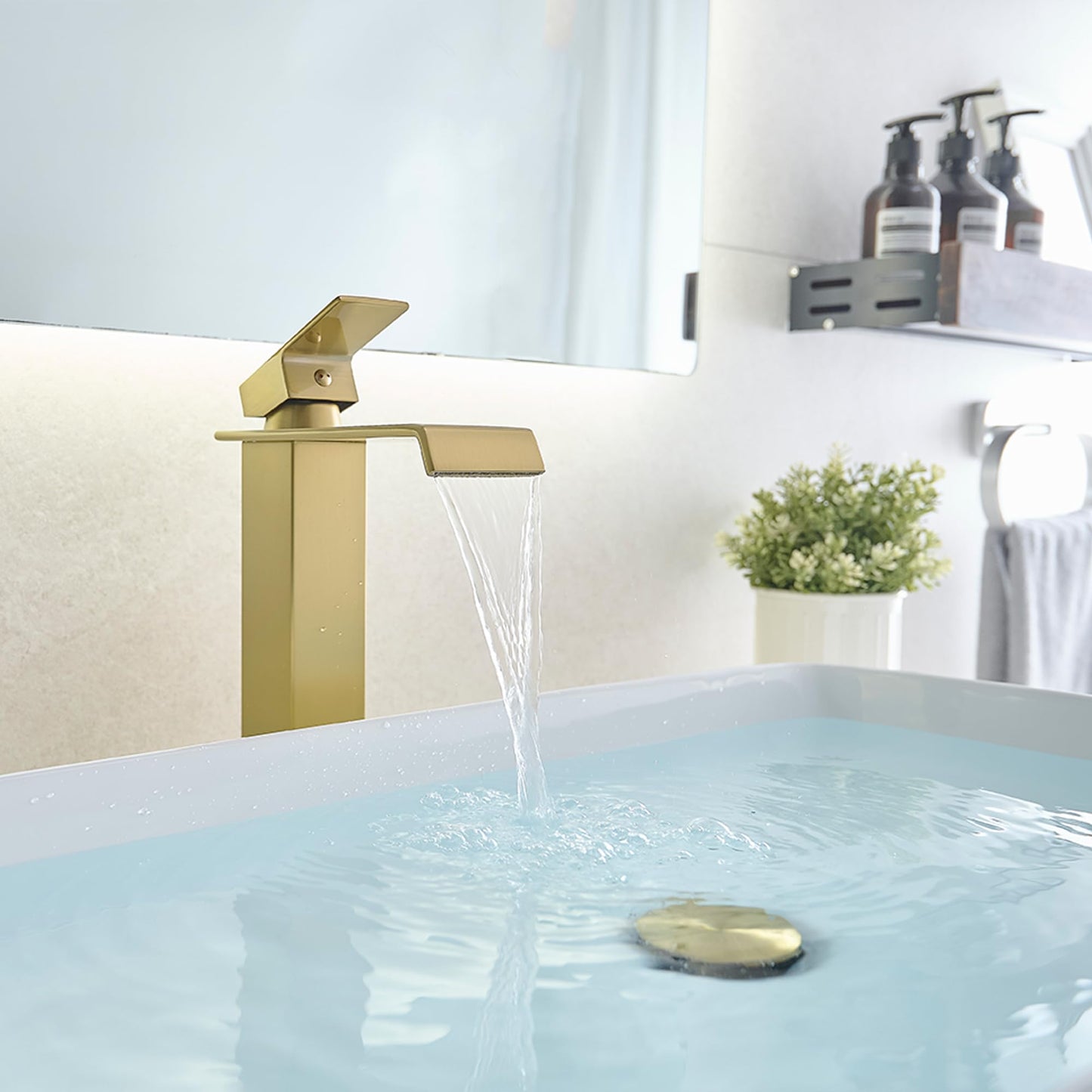 HEYMYTAP Gold Vessel Sink Faucet, Brass Waterfall Tall Faucet for Bathroom Sink 1 Hole with Pop Up Drain and Supply Hoses for Vanity Restroom Modern