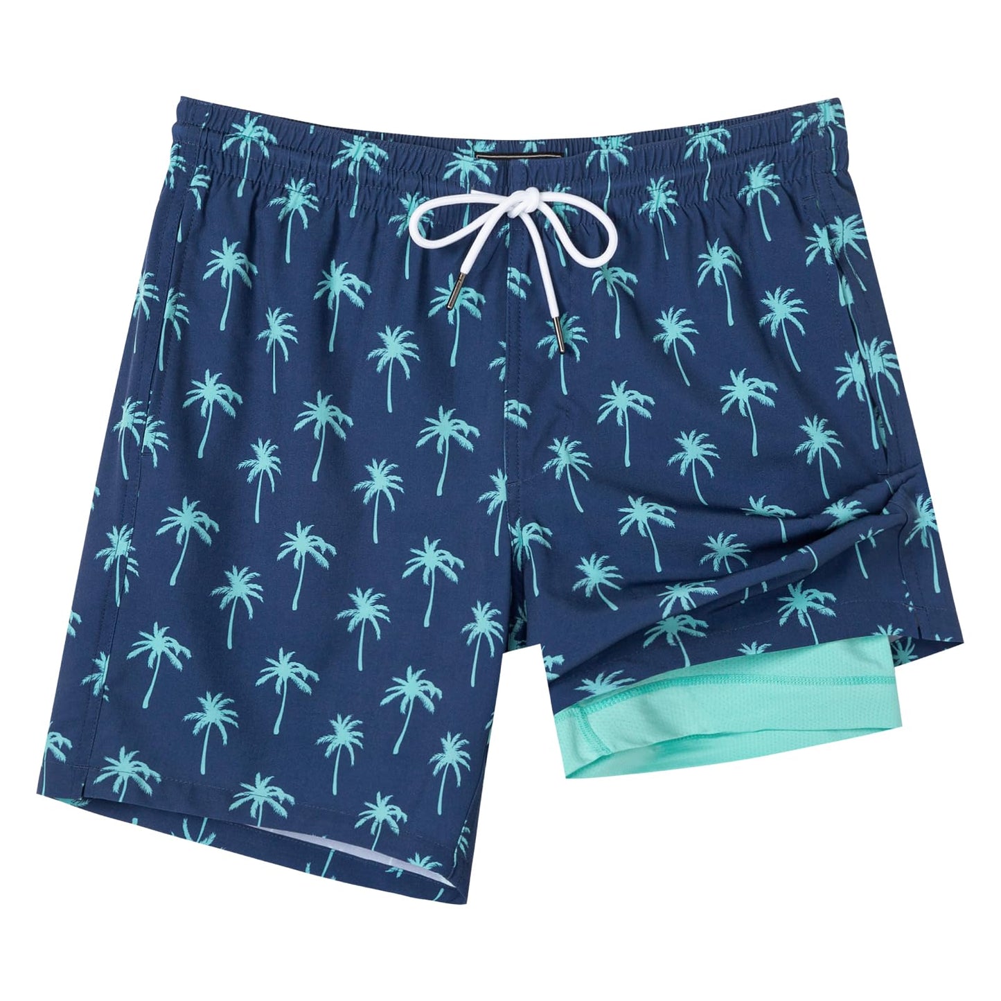 SURF CUZ Mens Swim Trunks with Compression Liner Quick Dry Swim Shorts 7" Swimming Trunks Stretch Bathing Suit Zipper Pockets,Beachside Palms,S