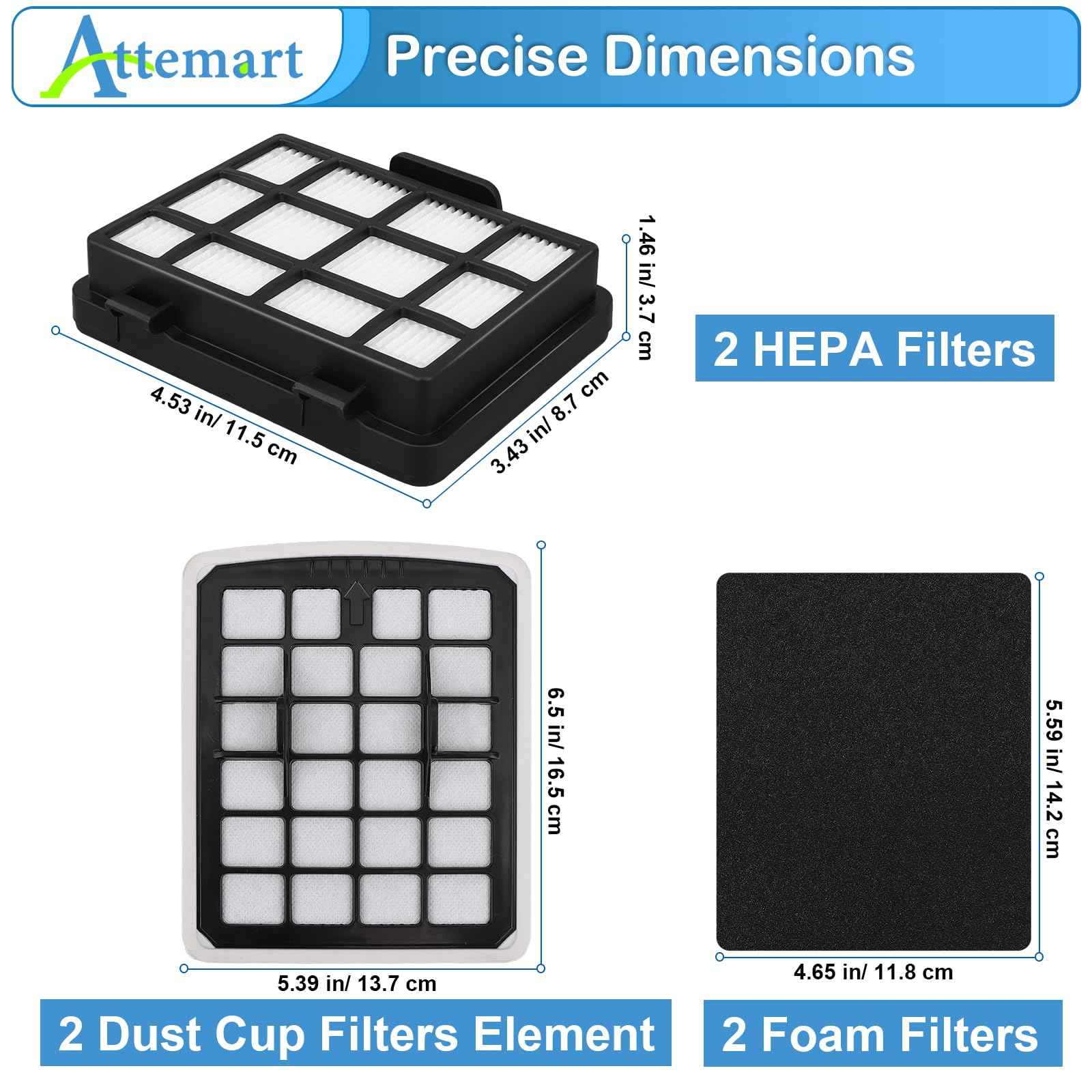 Attemart Replacment Filter Compatible with Eureka NEN186BL NEN180 Bagless Canister Vacuum Cleaner Replacement Parts, 2 Filters & 2 Dust Cup Filters Element, 4 Pack