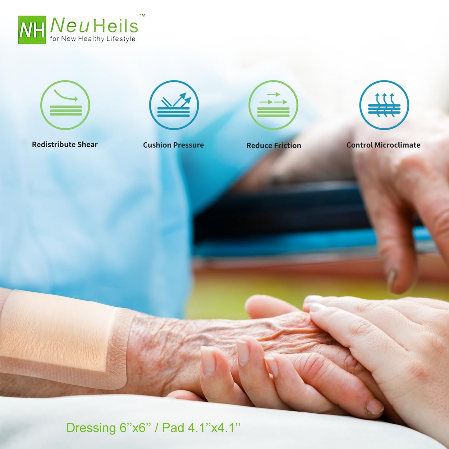 Silicone Adhesive Foam Dressing with Gentle Border 6''x6'', 10 Packs for Bed Sore Leg Ulcer, High Absorbency Waterproof Silicone Wound Bandages by NeuHeils