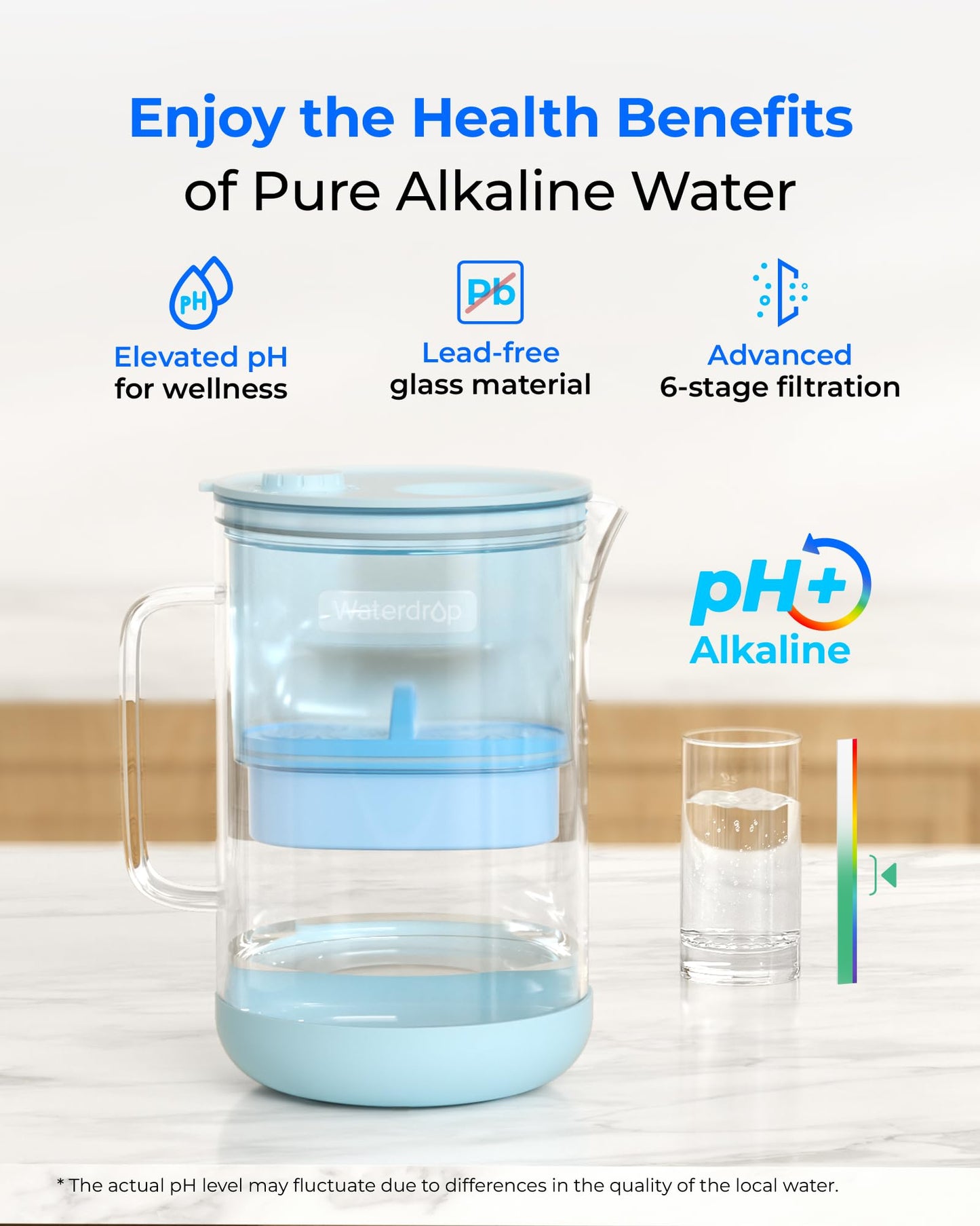 Waterdrop Large Glass Alkaline Water Filter Pitcher with 1 Filter, Enhances Alkaline Water, Eco-Friendly, 10-Cup, for Home and Office, Reduces PFOA/PFOS, Chlorine, Cadmium, Copper, Mercury, Blue