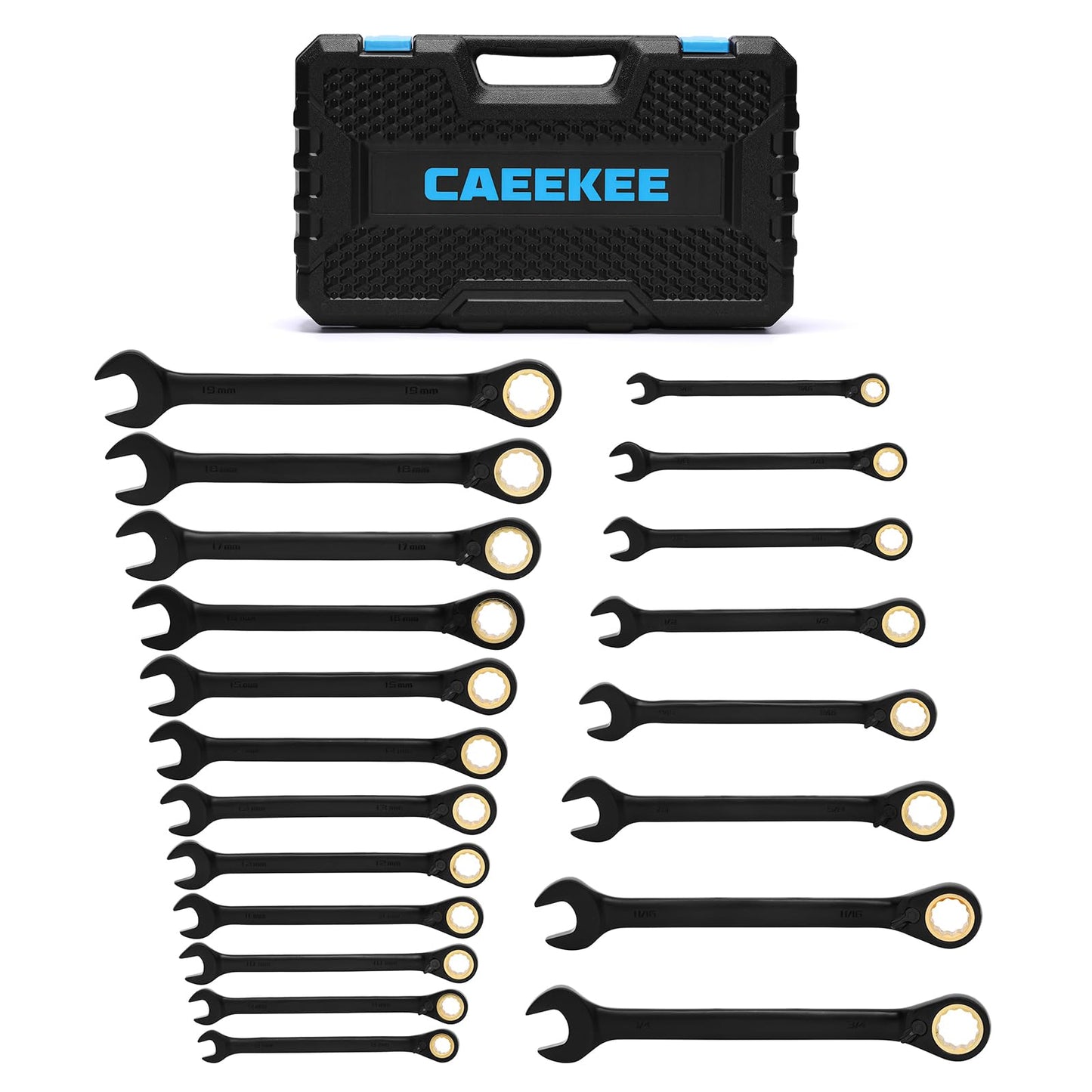 CaeeKee 20PCS 72-Tooth Reversible Ratcheting Combination Wrench Set, Metric & SAE, 8mm - 19mm, 5/16" - 3/4", 12 Point, CR-V Steel, With Organizer Box