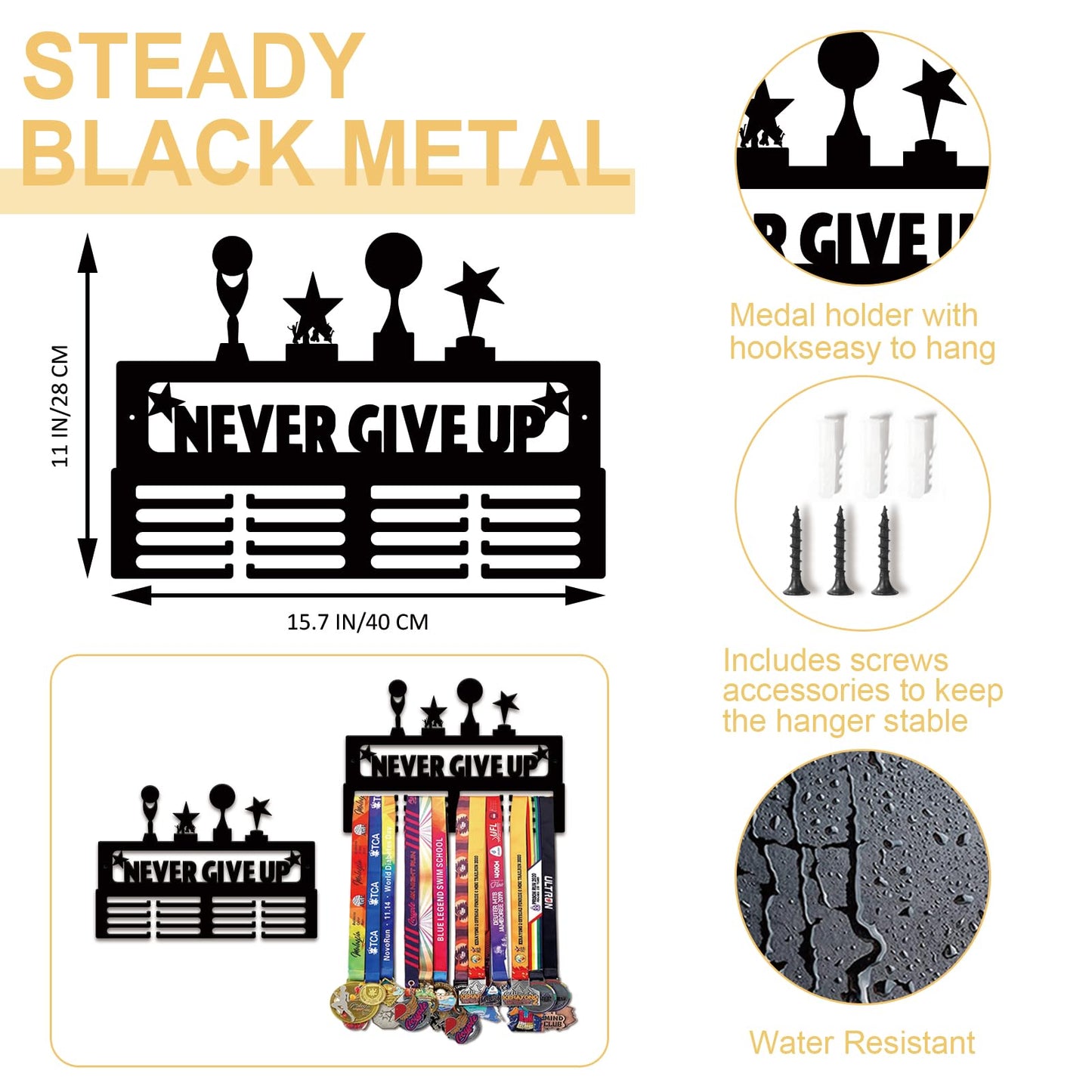 Resama Metal Holder Display Hanger Rack Frame- Metal Awards Rack for Walls Holds 40+ Never Give Up Sports Medals Hanger Ribbon Display Holder Rack with Easy Hanging