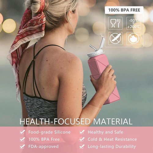 Beautail Collapsible Water Bottle - 20.6oz Silicone Portable & Leakproof for Travel, Camping, Yoga (Pink)