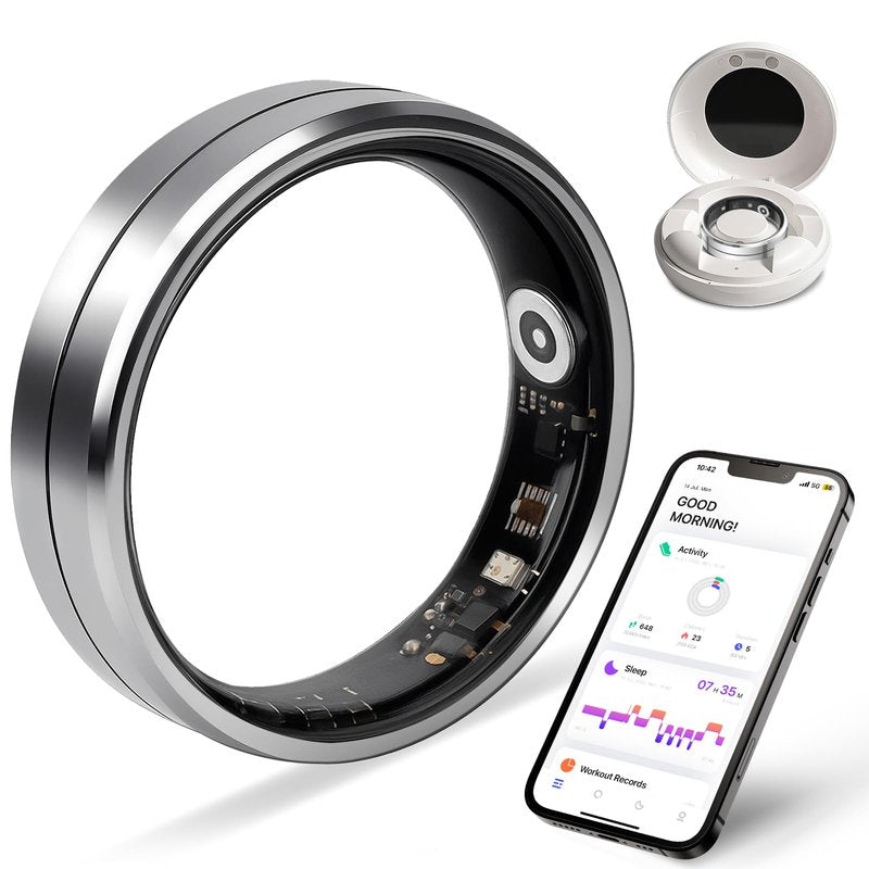 Smart Ring for Women and Men, 5ATM Waterproof Smart Rings Health Tracker with Sleep/Stress/Heart Rate/Activity Monitor, No Subscription, Smart Rings Fitness Tracker for Android iOS, Size 9, Silver