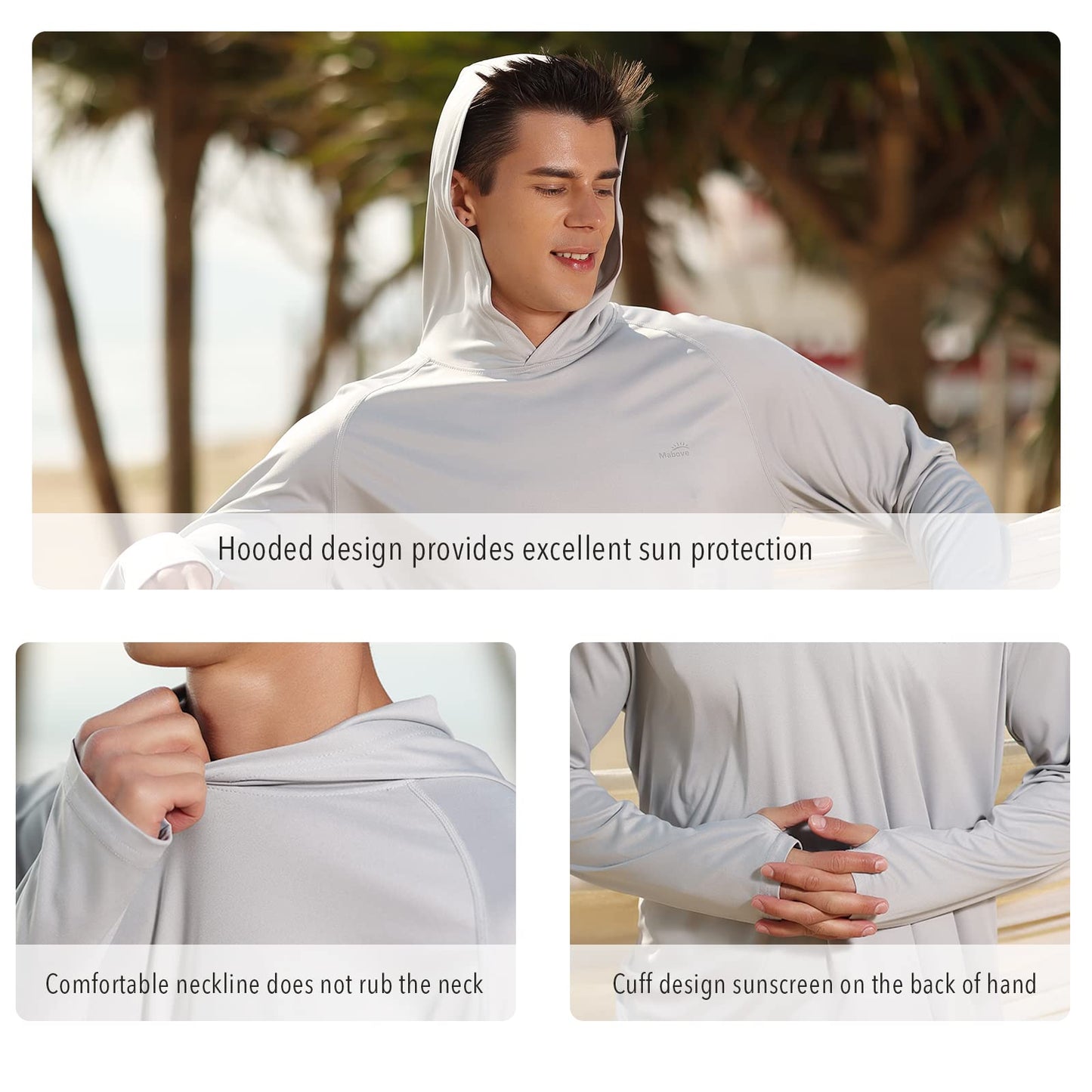 Men's UPF 50+ UV Sun Protection Hoodie Long Sleeve Rash Guard Hiking Fishing Swim T Shirt (Grey, L)