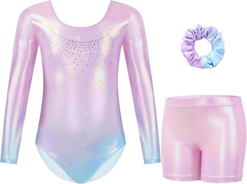 Gogokids Gymnastics Leotards - Long Sleeve Sparkly Rhinestone Dance Unitards for Girls 3-12 Years