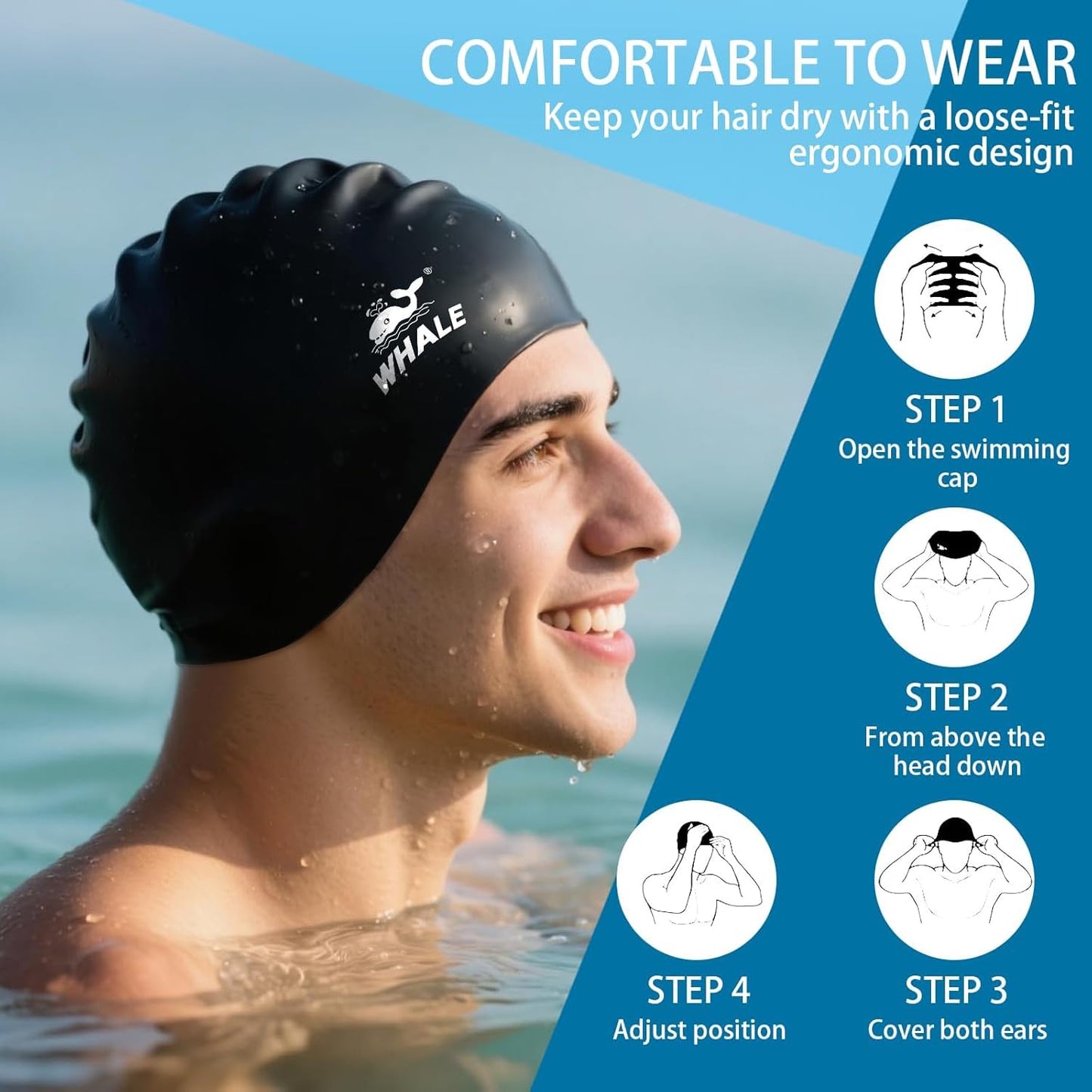 WHALE Extra Large Swim Cap for Women Men Non-Slip, High Elasticity Keeps Hair Dry Unisex Large Size Suitable for Long Hair, Curly Hair and African Dreadlocks (Black)