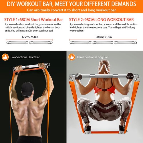 DASKING Detachable Resistance Bar - 38.5" Total Length – 500LBS Capacity, Portable Home Gym Bar for Full Body Workouts