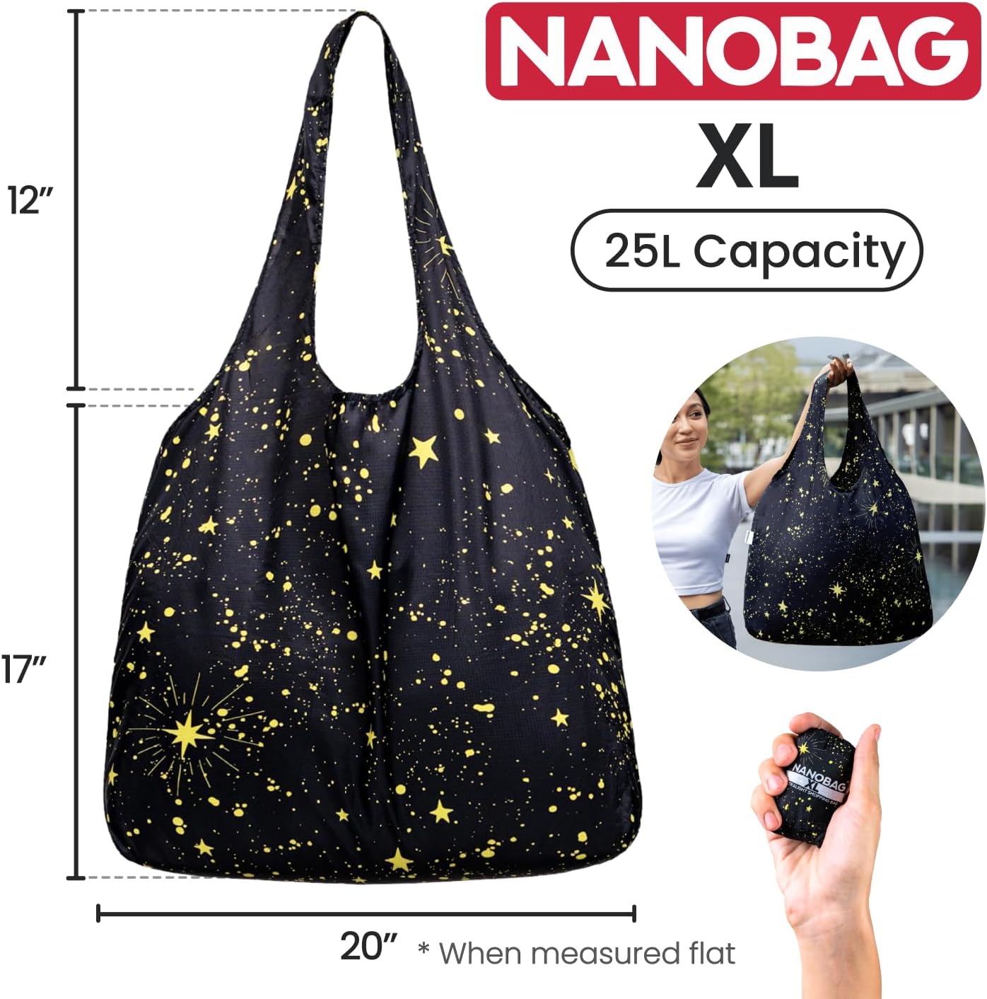 Nanobag Ultralight Tote - Heavy Duty Foldable Reusable Grocery & Travel Bag | XL Compact Black