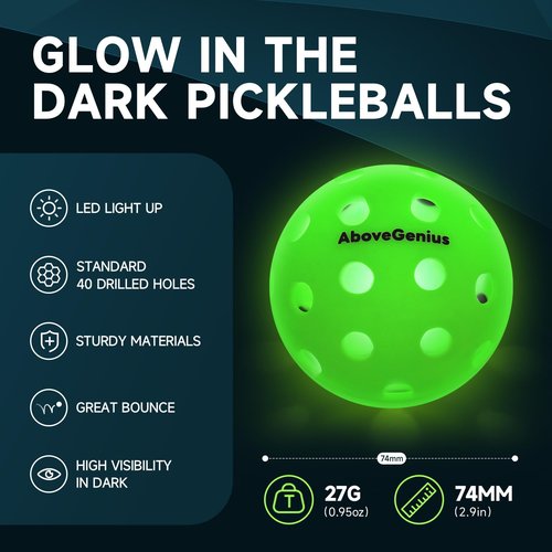 AboveGenius Glow in The Dark Pickleball,6 Pack Outdoor Pickleballs, LED Light Up High Visibility and Long-Lasting for Nighttime Play,Pickleball Gift