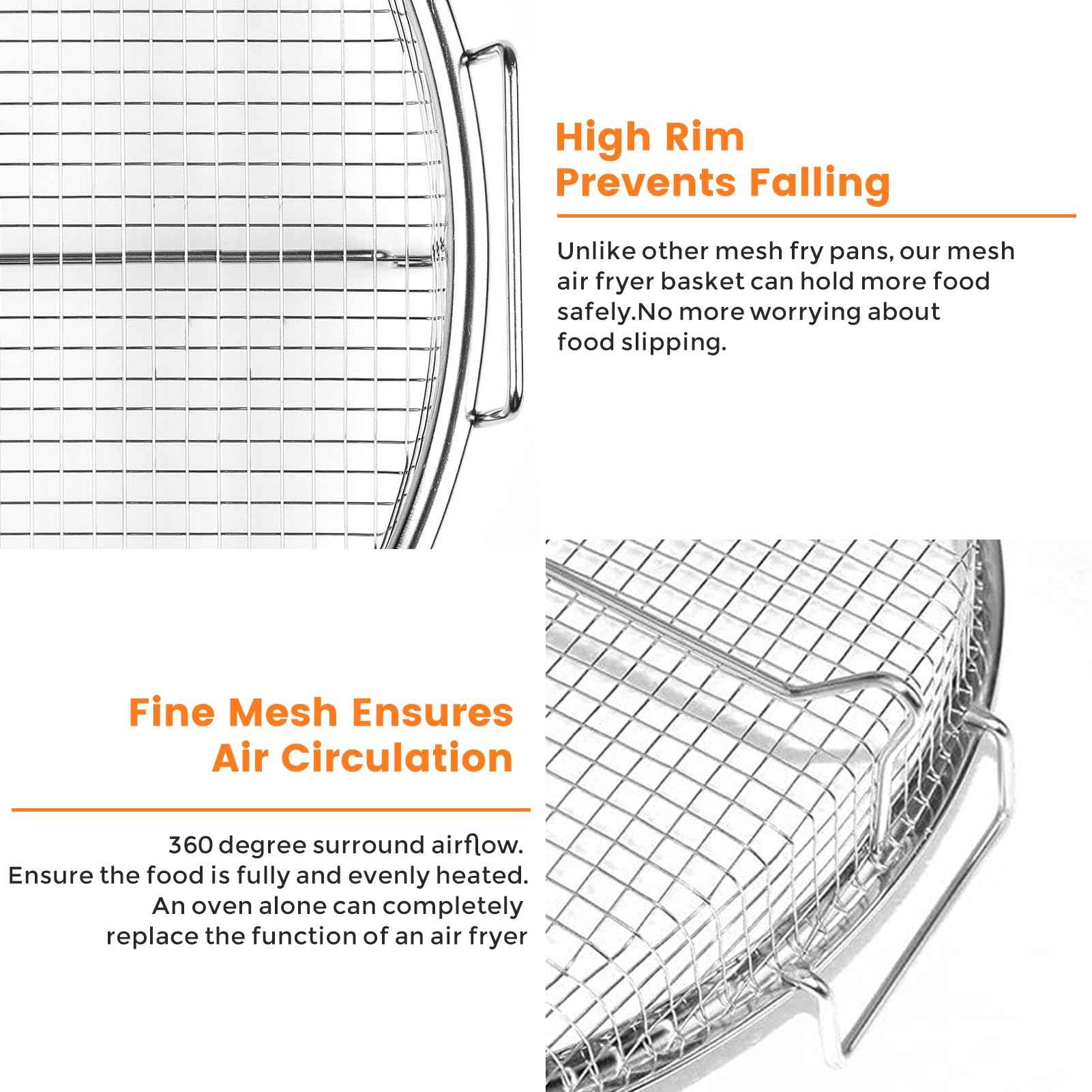 Air Fryer Basket for Oven,2 Pieces Set Round Silver 12.9'' Non-stick Stainless Steel Mesh Air Fryer Baking Tray Accessories Rack Roasting Grill Basket for Convection Oven Air Fryer, Dishwasher Safe