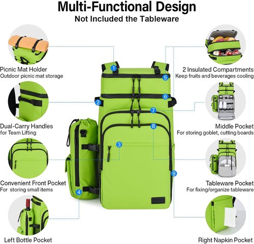 Hanke Backpack Cooler - Portable Soft-Sided Cooler with 2 Insulated Compartments | Water-Resistant Green for Picnic, Beach, Camping, and Hiking