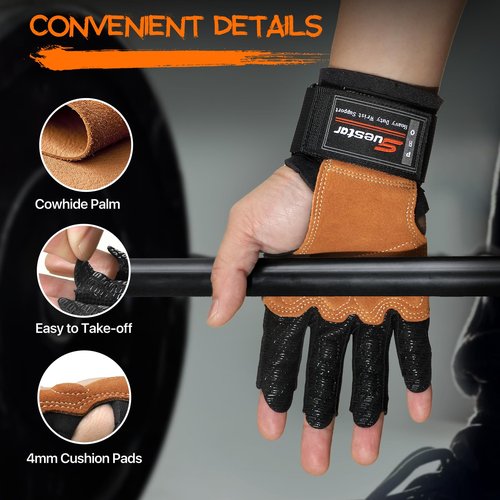 SueStar Heavy Duty Cowhide Padded Weight Lifting Gloves with Wrist Support, Full Palm Protection & Silicone Grips for Weightlifting, Deadlifts, Exercise, Black, Medium