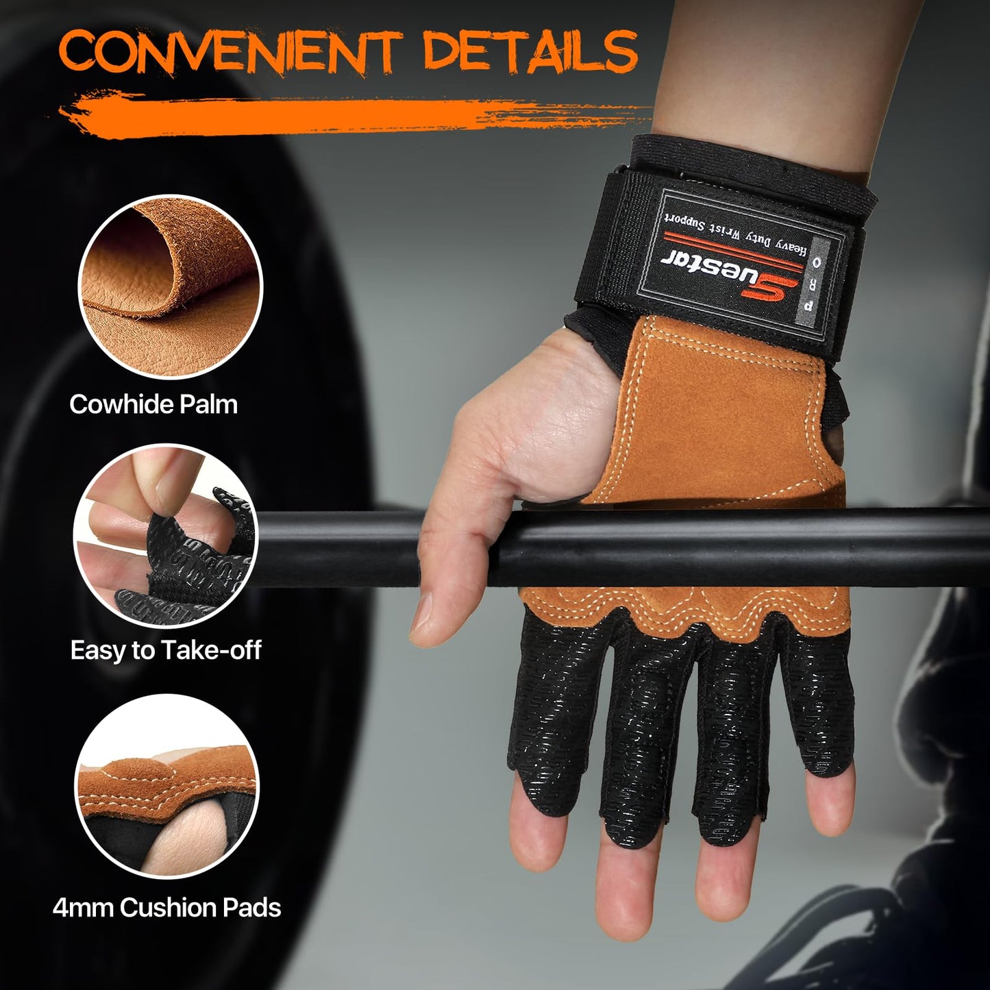 SueStar Heavy Duty Cowhide Padded Weight Lifting Gloves with Wrist Support, Full Palm Protection & Silicone Grips for Weightlifting, Deadlifts, Exercise, Black, Medium