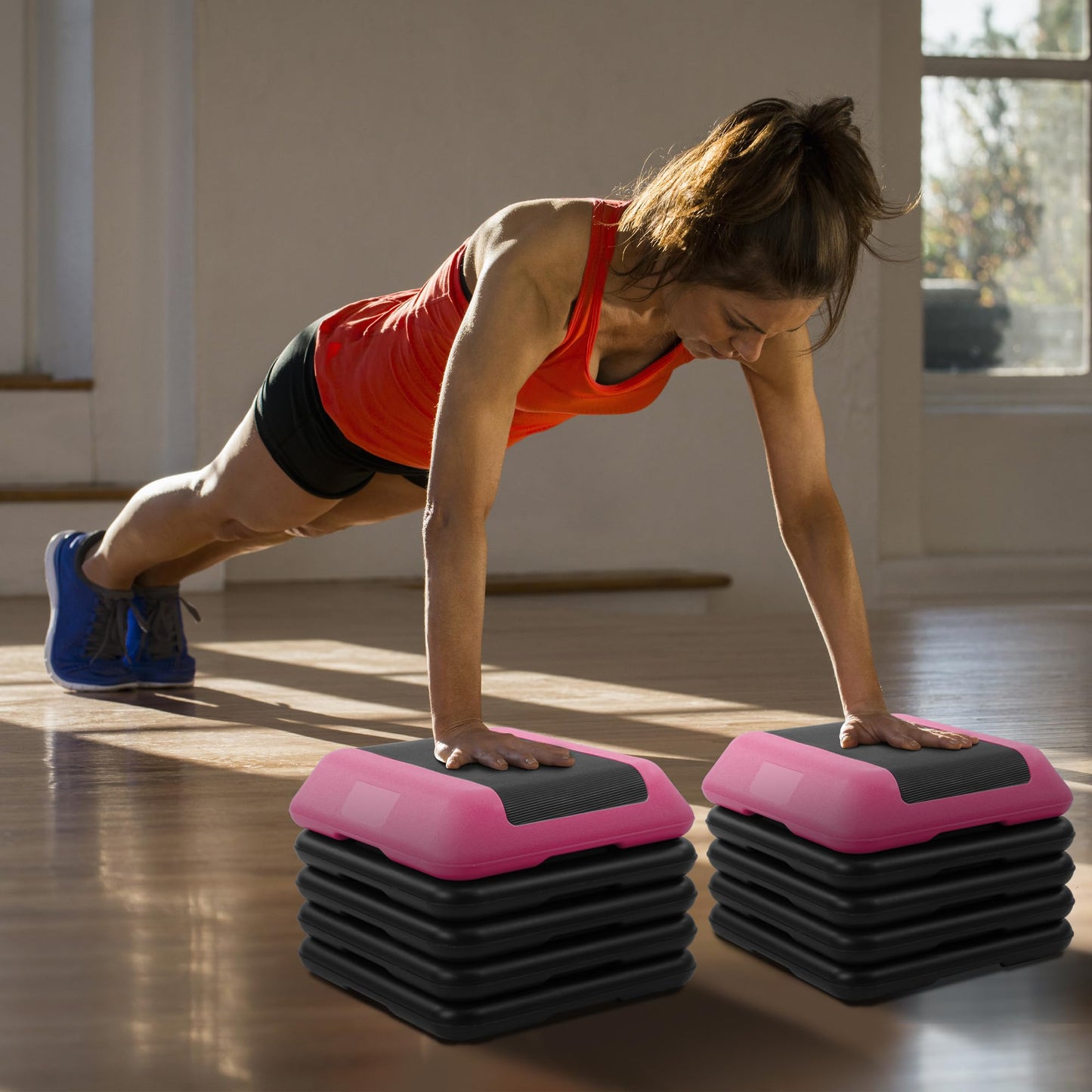 Fitvids 16''x 16'' Adjustable High Step Aerobic Step Platform with 4 Stackable Risers, Workout Step Platform for Exercise at Home, Stepper with Non-Slip Surface for Fitness Training, Cardio Strength, Pink