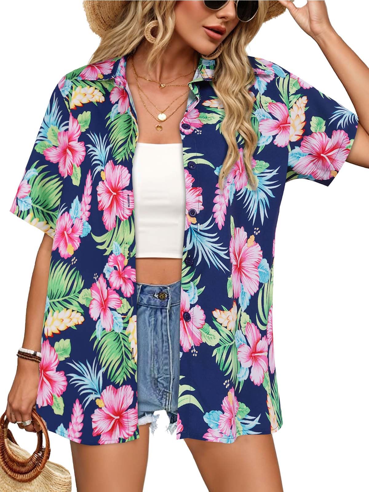 Women Hawaiian Shirt Button Down Summer Tops Beach Cool Short Sleeve V Neck Blouse(Pink Blue Floral,XL)