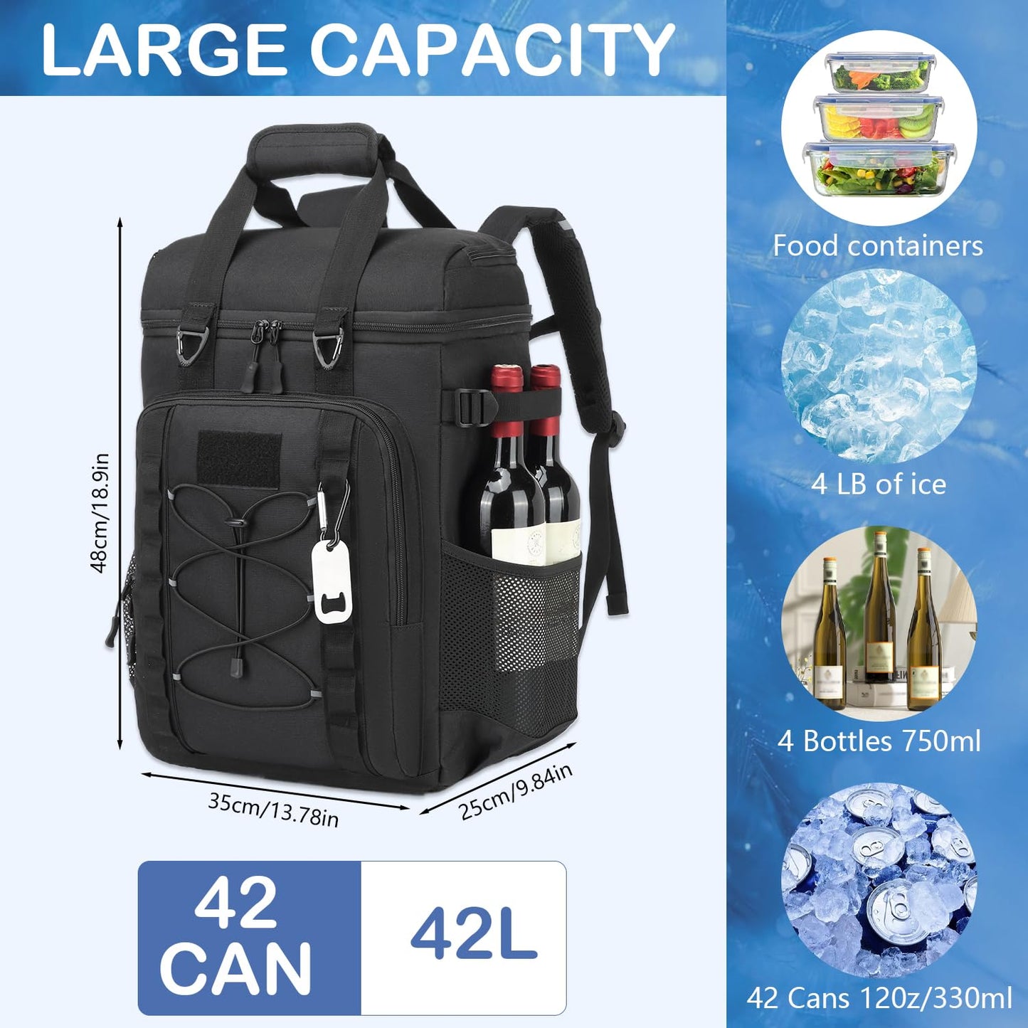 BISKLNDN Tactical Cooler Backpack - 42 Cans Backpack Coolers Insulated Leak Proof for Men & Women, Soft Cooler Insulated Backpack for Lunch, Work, Camping, Hiking, Picnic, Beach & Travel, Black