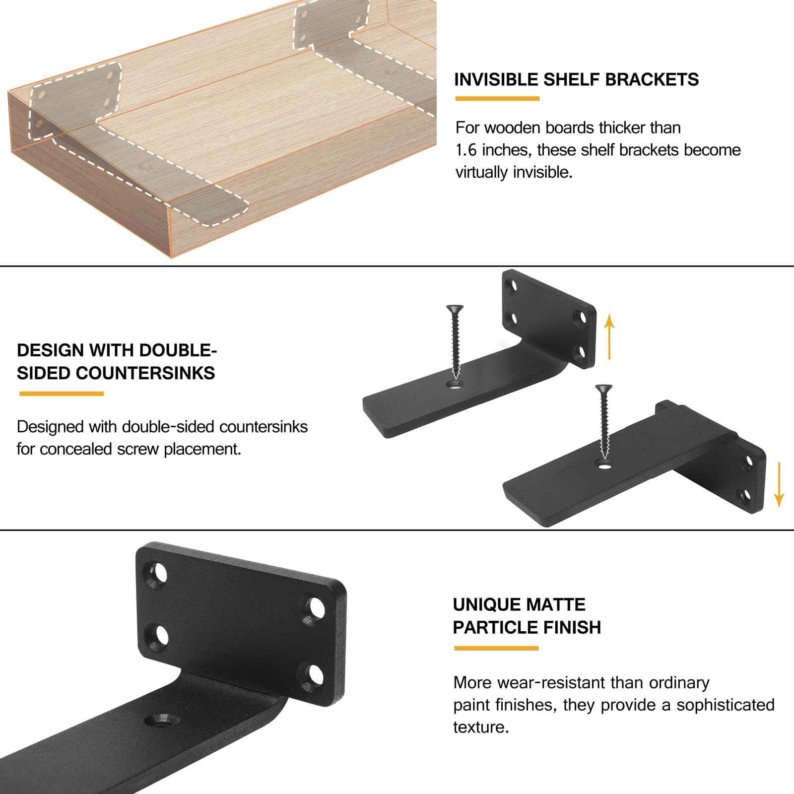 HITOMEN Heavy Duty Floating Shelf Brackets, 5-Inch (1/5'' Thick) Hidden Shelves Hardware, Iron L Brackets, Rustic Industrial Black Metal Wall Shelving Supports, 4 Pack