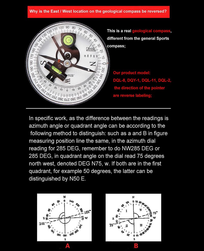 Portable Professional Geological Compass DQL-8 with Clinometer Aluminum Anti-Magnetic Hiking Compass with Mirror Compass with Leather Pouch for Surveyors Foresters Military Mine Meteorological