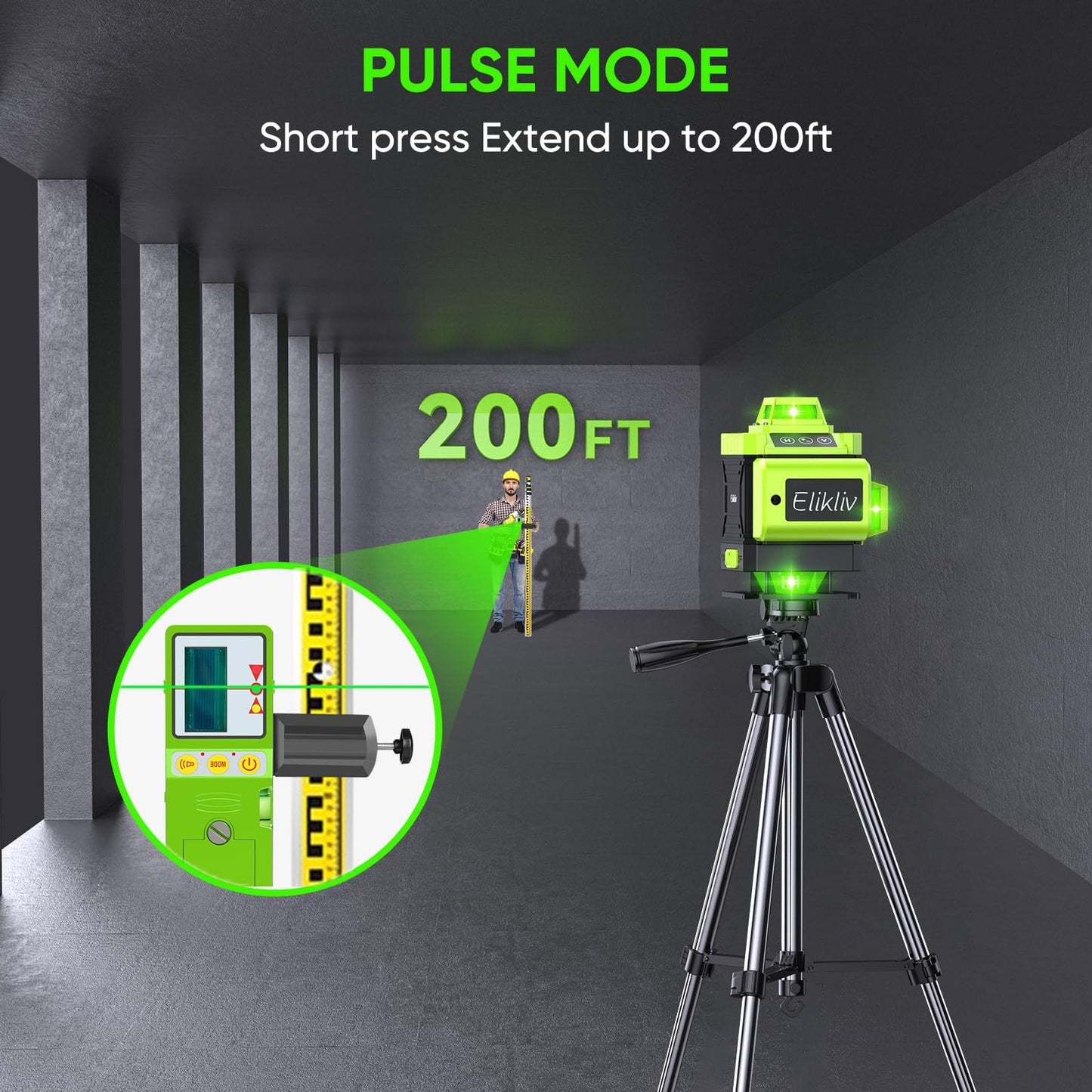 Laser Level Self Leveling - Elikliv 200ft Robust Indoors 4D Green Cross Line Laser Level 4x360 Horizontal Vertical Dual-beam Lasers for DIY or Professional Job Site Integrated Bracket Included