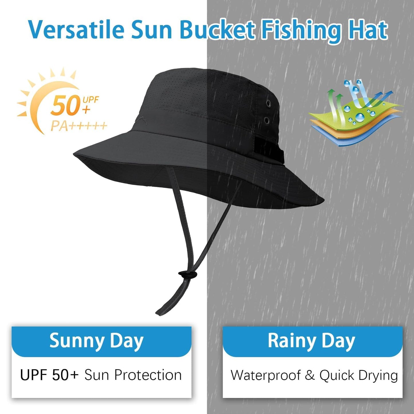 Sun Bucket Hat for Men Women Fishing Beach Safari Hats for Golf Hiking Hunting Outdoor UPF 50+ Black