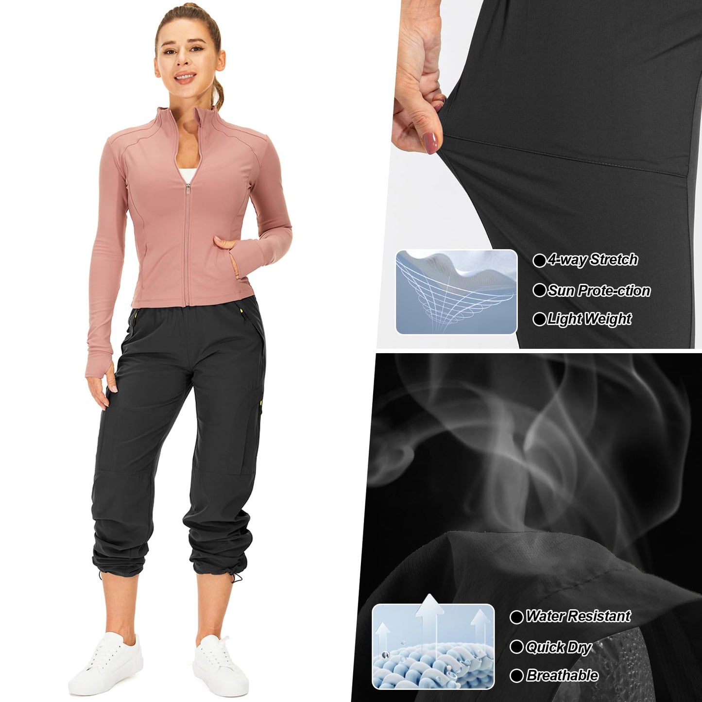Womens Hiking Pants Quick Dry UPF 50 Lightweight Travel Golf Cargo Safari Pants Zipper Pockets,6608,Black,S