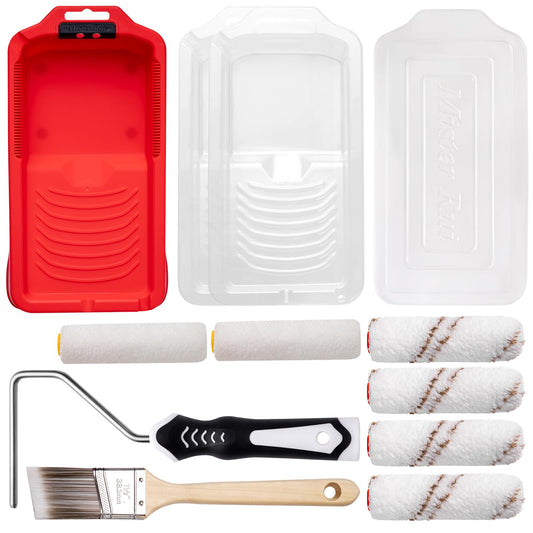 Mister Rui 4 Inch Paint Roller Kit, 12-Piece Professional Tray Set with 6 Microfiber Sleeves, Liner & Cover, Handle, 1.5" Angled Brush - for Walls, Ceilings, Cabinets, DIY & Pro Painting