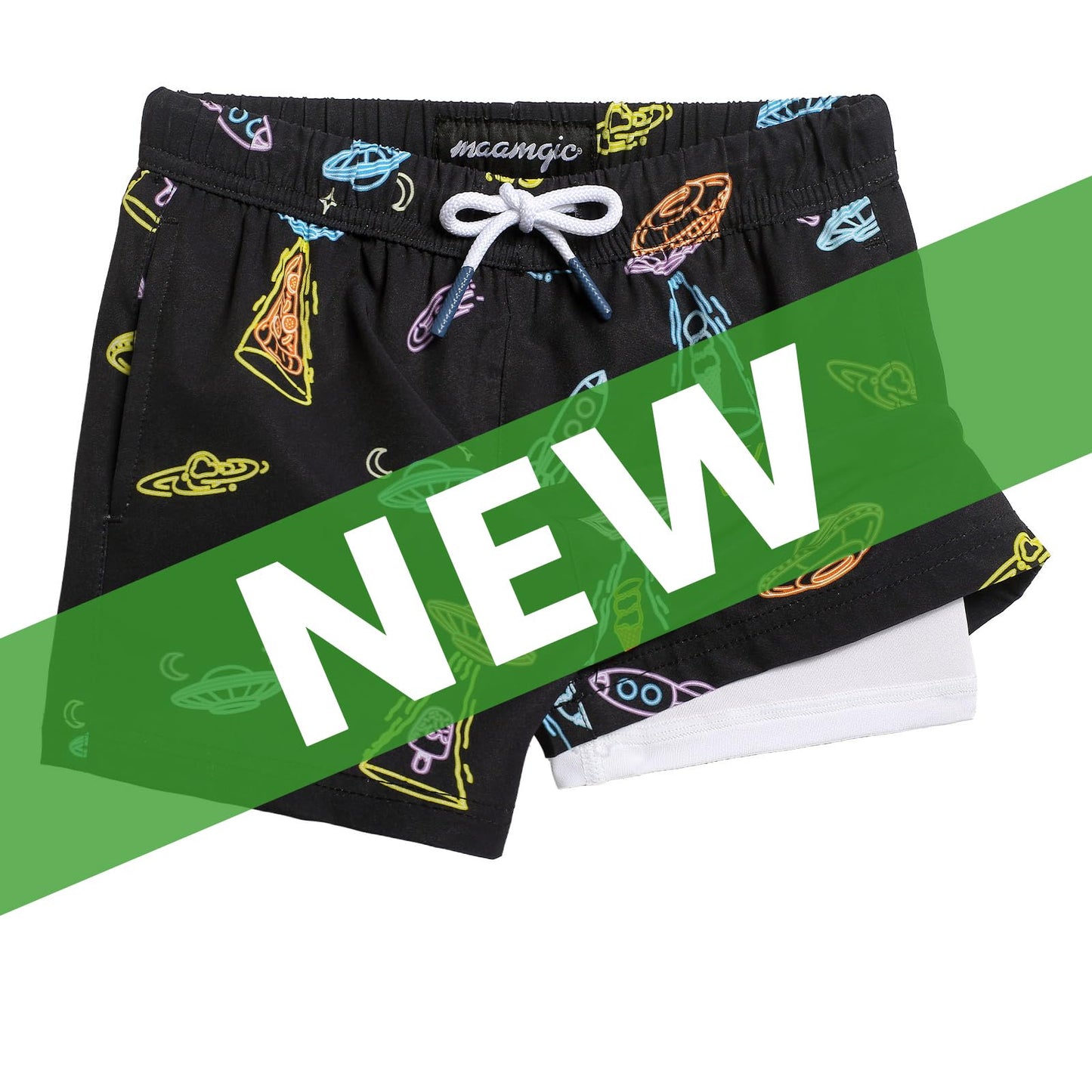maamgic Boys Swim Trunks with Compression Liner 4-Way Stretch Quick Dry Swim Shorts Swimming Trunks Toddler Boy Alien Black 8 Years