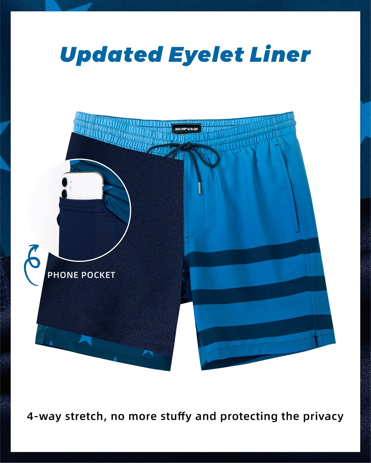 SURF CUZ Mens Swim Trunks with Compression Liner Quick Dry Swim Shorts 7" Swimming Trunks Stretch Zipper Pockets Blue Gradient Flag XS