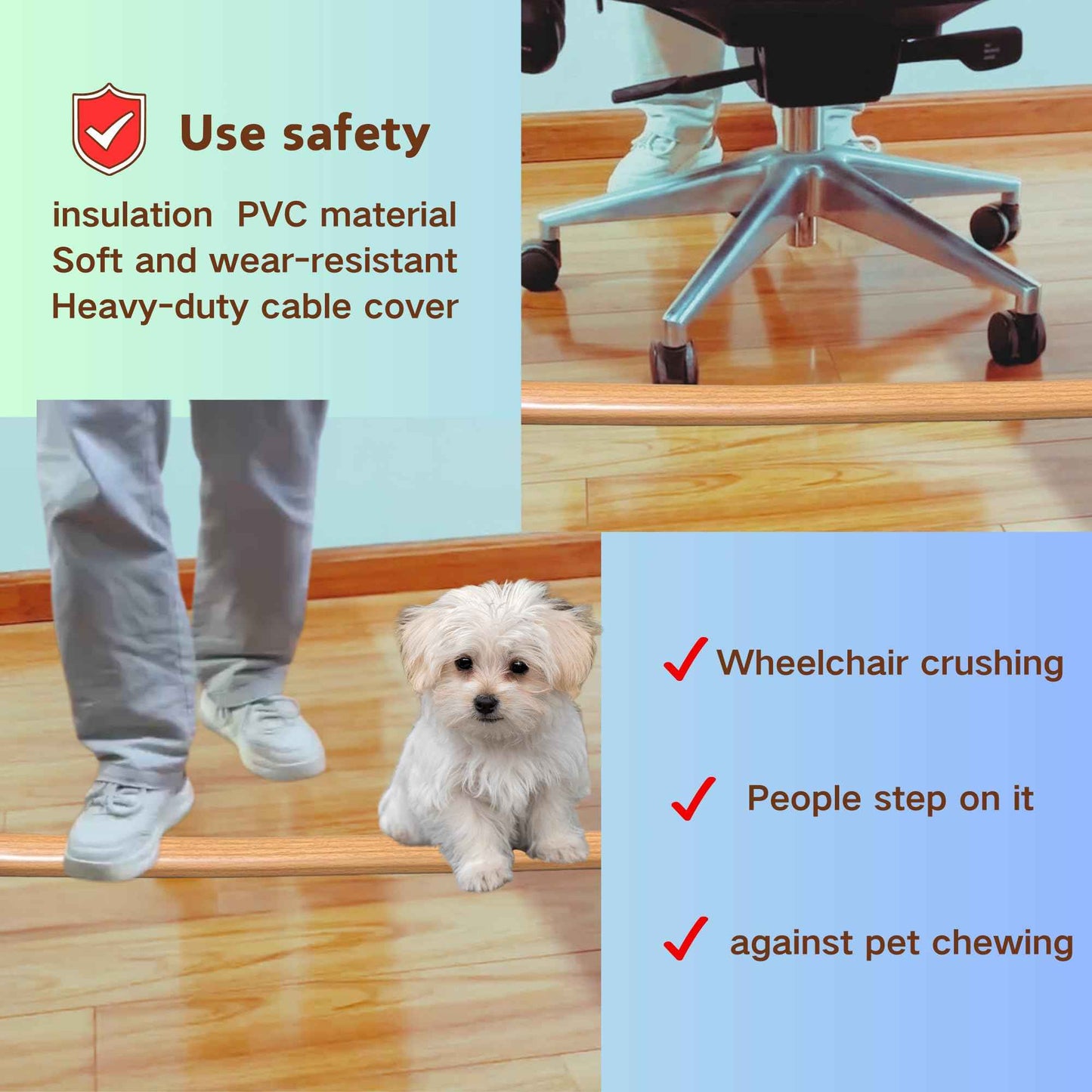 BEIEBIJOB 10ft Self Adhesive Floor Cord Cover,Cable Cavity:0.61"(W) x 0.32"(H),Heavy Duty Soft PVC Cable Protector and Extension Cord Hider,Cord Management System to Hide Wires on Floor,Yellow Wood