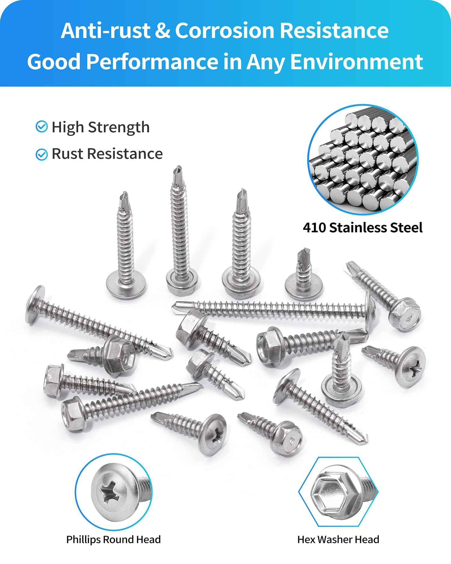 425PCS Self Tapping Screws for Metal, 410 Stainless Steel Self Drilling Screw #8#10 Phillips Wafer & Hex Washer Screws for Metals Assortment Kits, Length 1/2" 3/4" 1" 1-1/2" 2" (Silver)