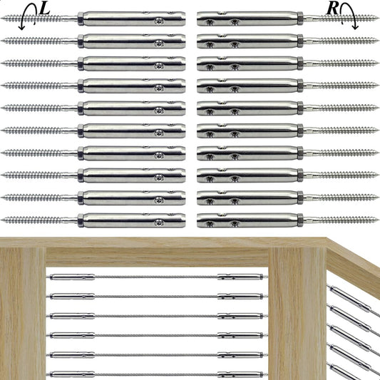 Iutuuk Swageless Tensioners for Wood Posts Cable Railing Hardware Kit, for 1/8 Stainless Steel Cable Rrailing System, Swageless Lag Screws Left & Right 10 Pairs