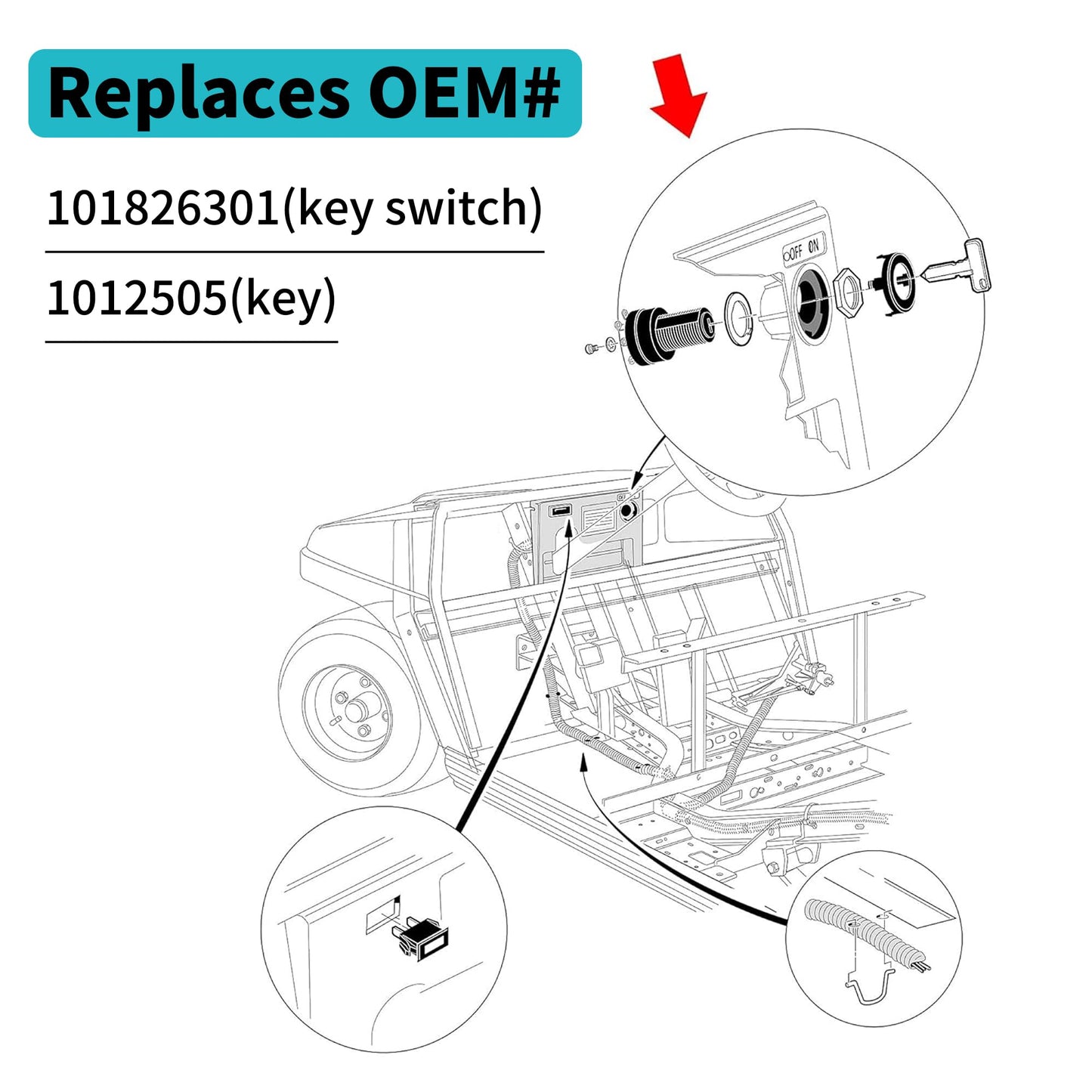 10L0L 12V Ignition Key Switch for Club Car DS 1996-up Gas Golf Cart, Fits Limo Turf Carryall 1 & 2 XRT, Replaces OEM# 101826301 1012505