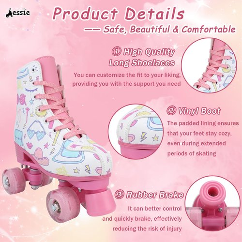 jessie Roller Skates Girls Ages 6-12 with Light Up Wheels PU Leather High-top Skate for Kids, Women, Youth and Beginners Outdoor(White,38-Women’s 8/Men’s 6.5)