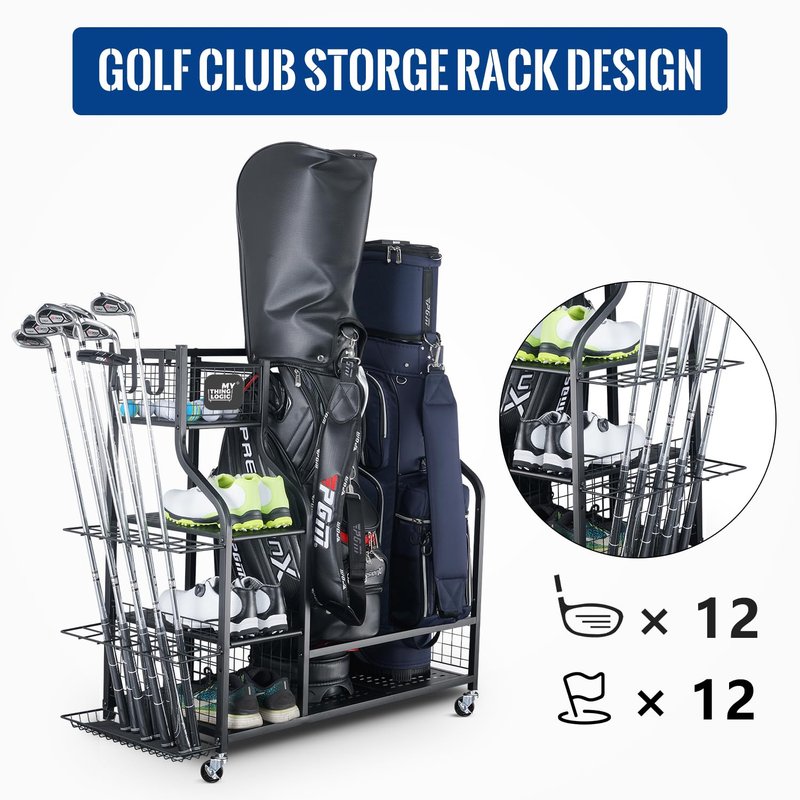 Mythinglogic Golf Storage Garage Organizer,Golf Bag Storage Stand and Other Golfing Equipment Rack,Extra Large Design for Golf Clubs Accessories,2 golf bag rack